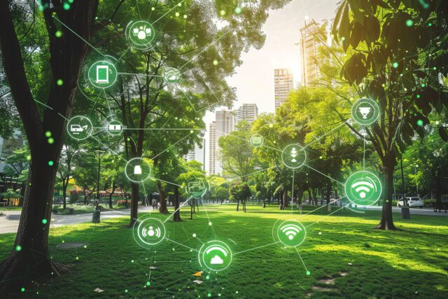 A smart city park with IoT sensors monitoring air quality, noise levels, and park use.