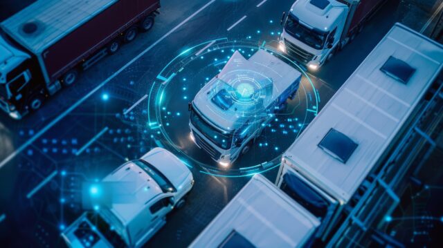 Overhead shot of a fleet management center with vehicles tracked and monitored in real time, highlighting fleet logistics